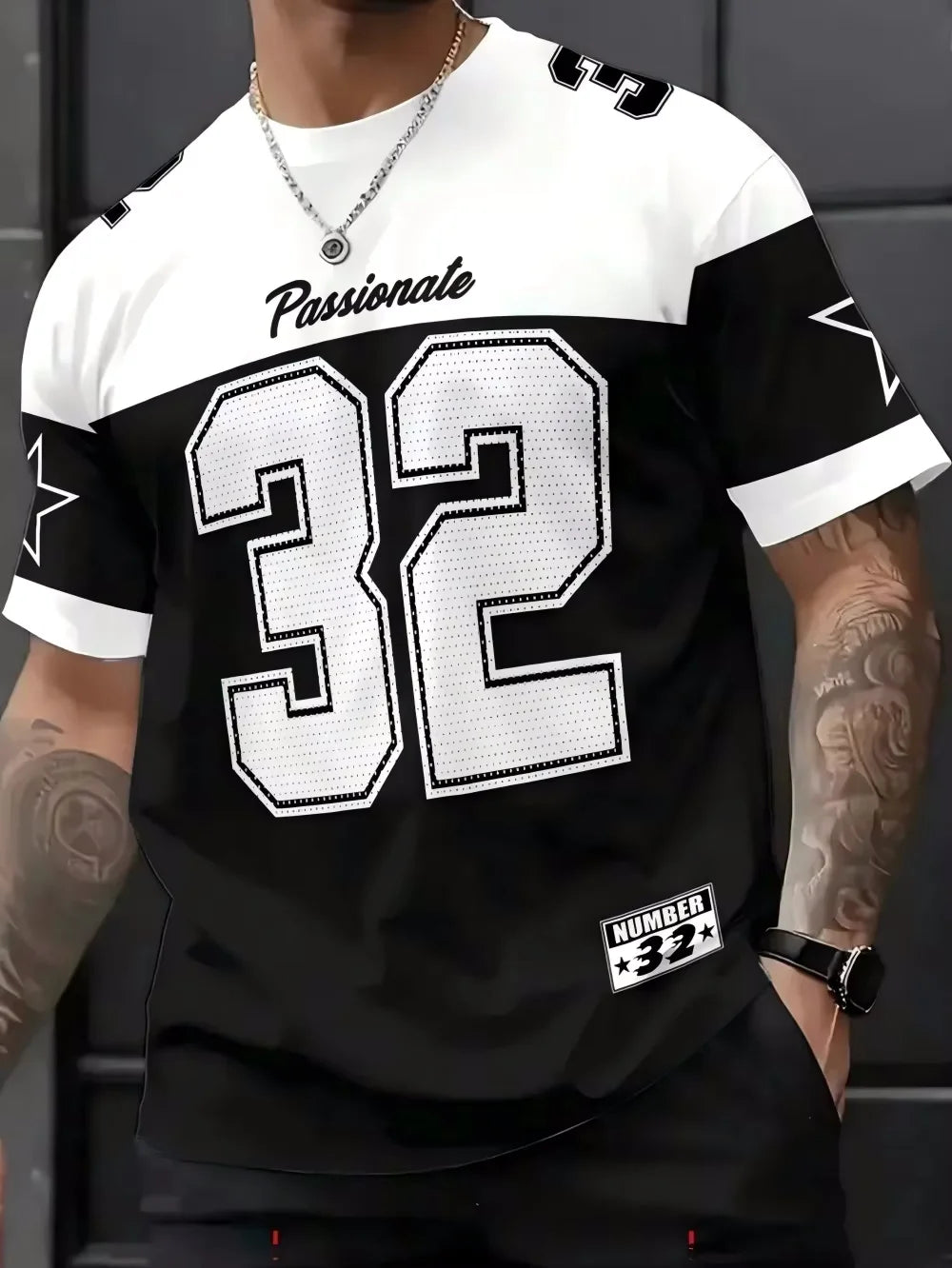 Mens Number 32 Print TShirt American Vintage Style Streetwear Color Block Design Trendy Casual Tee Soft Comfortable Men Clothing