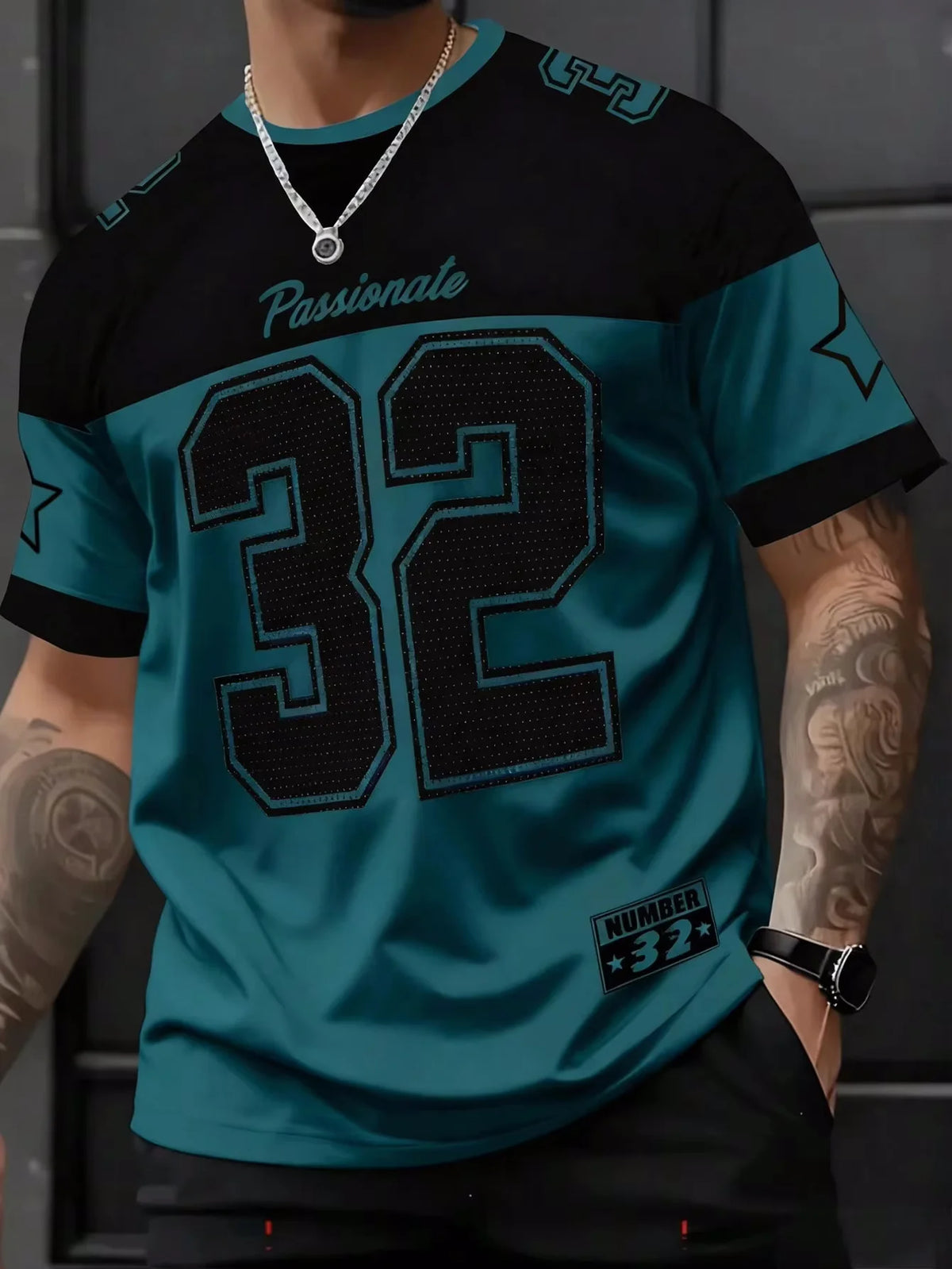 Mens Number 32 Print TShirt American Vintage Style Streetwear Color Block Design Trendy Casual Tee Soft Comfortable Men Clothing