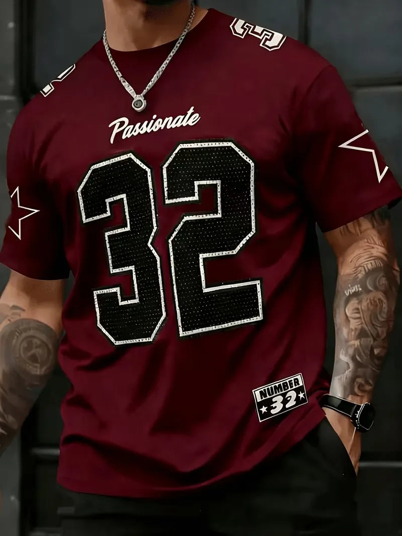 Mens Number 32 Print TShirt American Vintage Style Streetwear Color Block Design Trendy Casual Tee Soft Comfortable Men Clothing