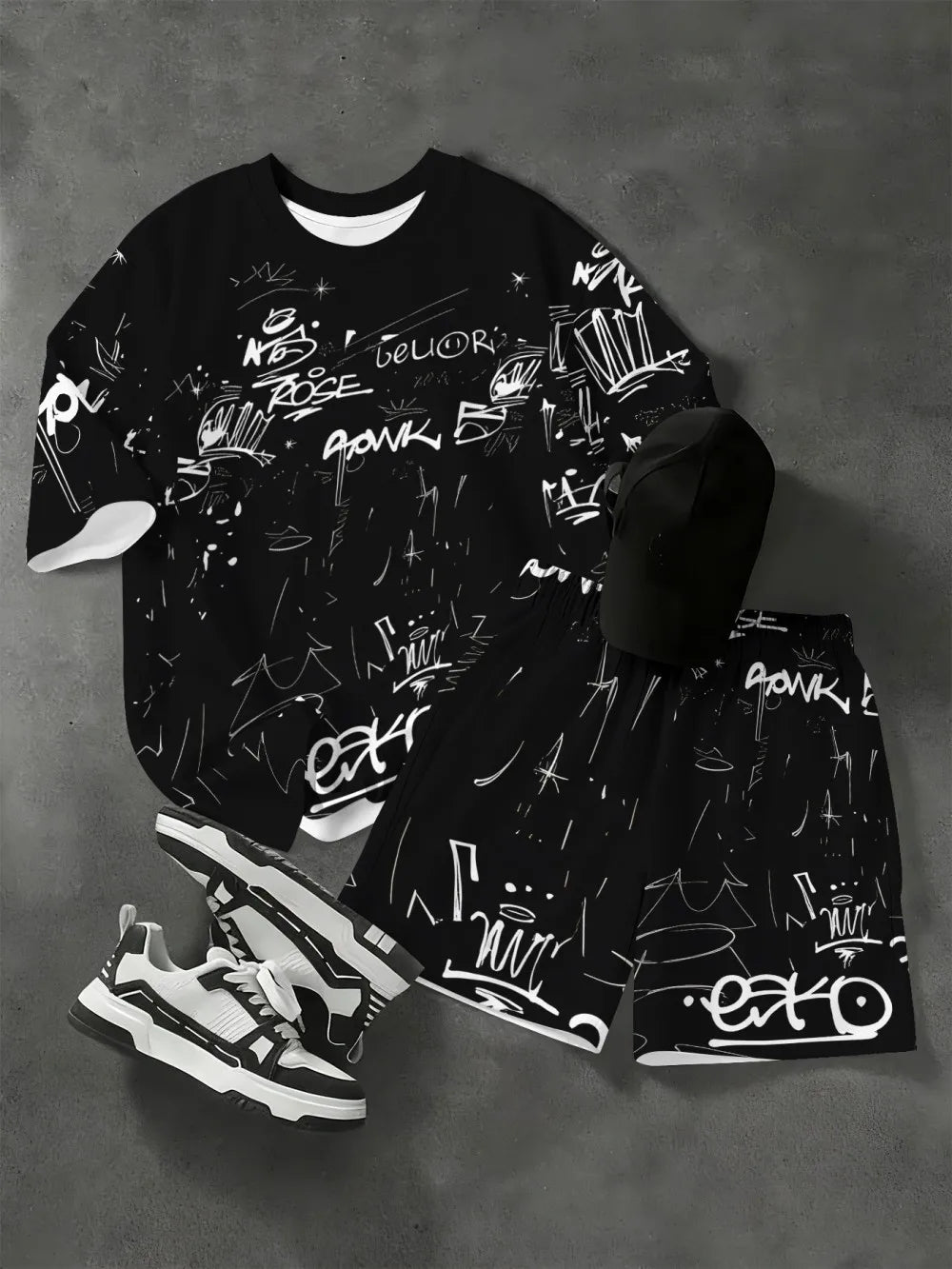 New men's summer personalized graffiti print soft and breathable round neck T-shirt drawstring shorts set outdoor streetwear