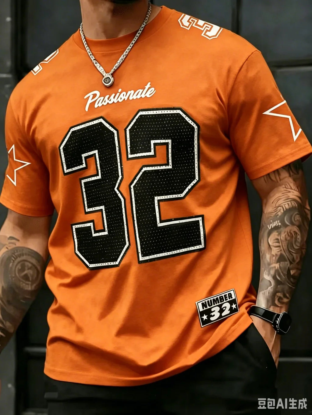 Mens Number 32 Print TShirt American Vintage Style Streetwear Color Block Design Trendy Casual Tee Soft Comfortable Men Clothing