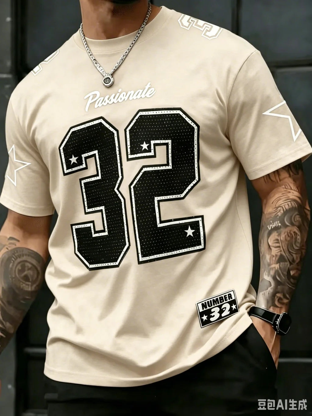 Mens Number 32 Print TShirt American Vintage Style Streetwear Color Block Design Trendy Casual Tee Soft Comfortable Men Clothing