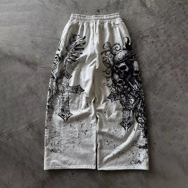 Summer Hot Gothic Skull Vintage Graffiti Full Print Wide Leg Pants Unisex Drawstring Y2K Hip Hop Streetwear Casual Trousers