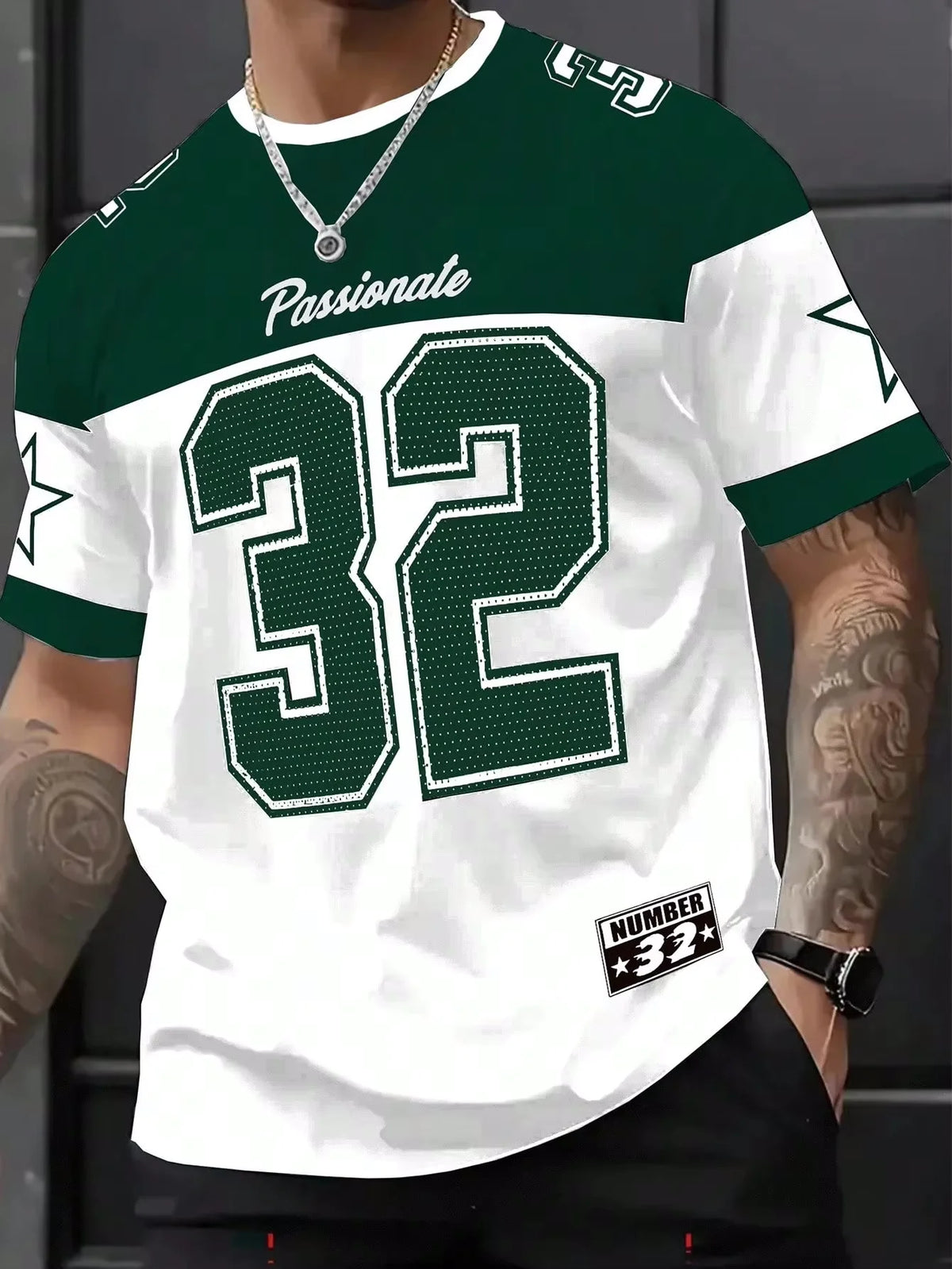 Mens Number 32 Print TShirt American Vintage Style Streetwear Color Block Design Trendy Casual Tee Soft Comfortable Men Clothing