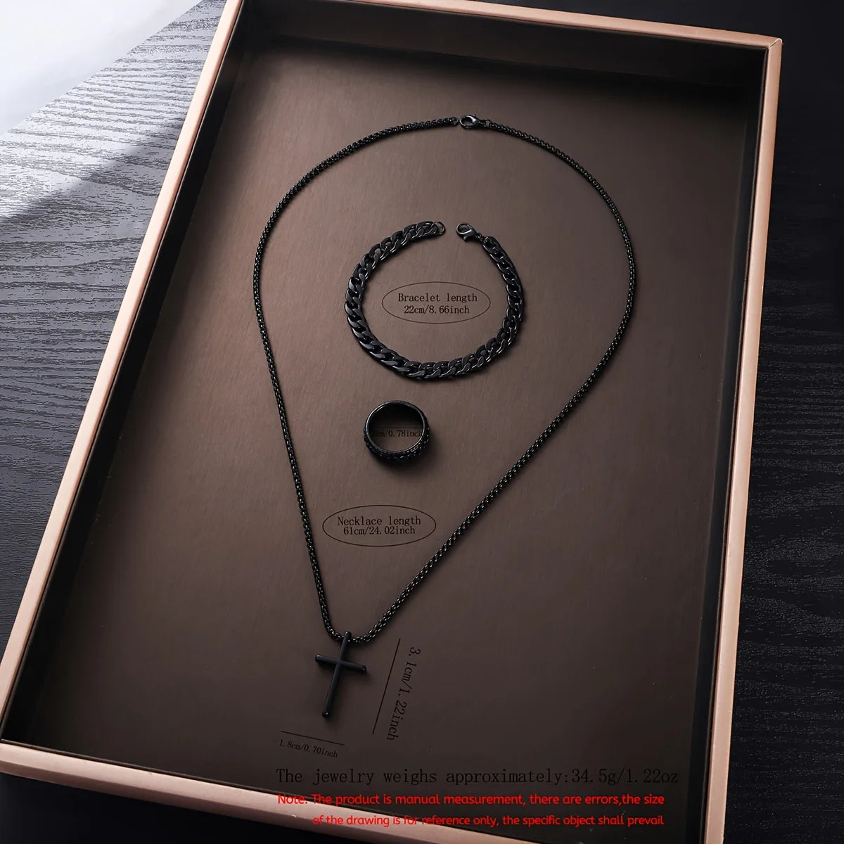 Four Piece Men's Accessory Gift Box Set - Low Voltage Running Digital Electronic Watch with Vintage Necklace, Bracelet, Ring, Ea