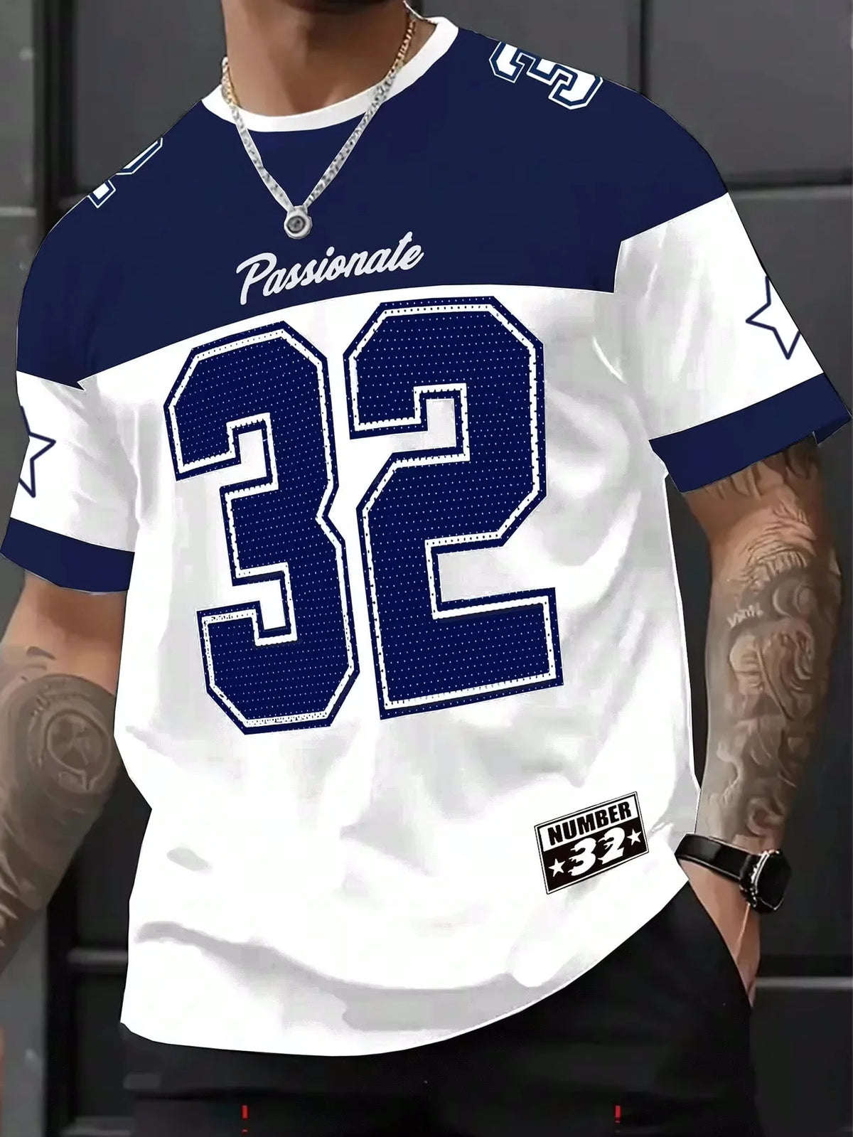 Mens Number 32 Print TShirt American Vintage Style Streetwear Color Block Design Trendy Casual Tee Soft Comfortable Men Clothing