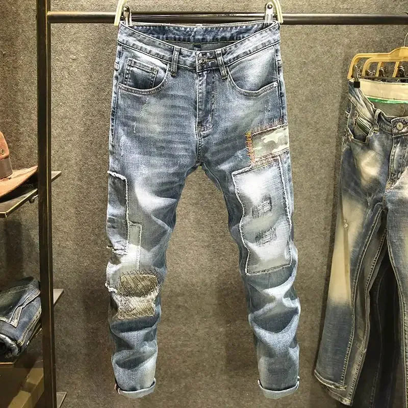 New Arrival High Quality KPOP Splicing Men's Designer Work Pants Jeans Grey Patchwork Korean Fashion Men Luxury Casual Pants