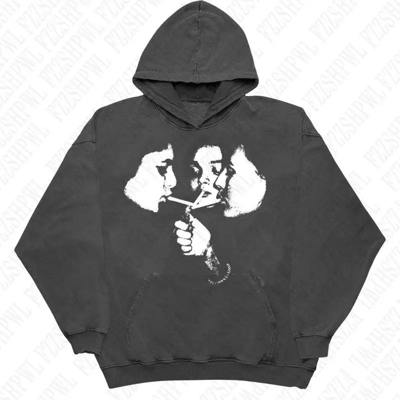 2000s Goth Harajuku Graphic Print Y2K Hooded Sweatshirt Retro Punk Streetwear Pullover Clothes Loose Hip Hop Hoodie Sweatshirts