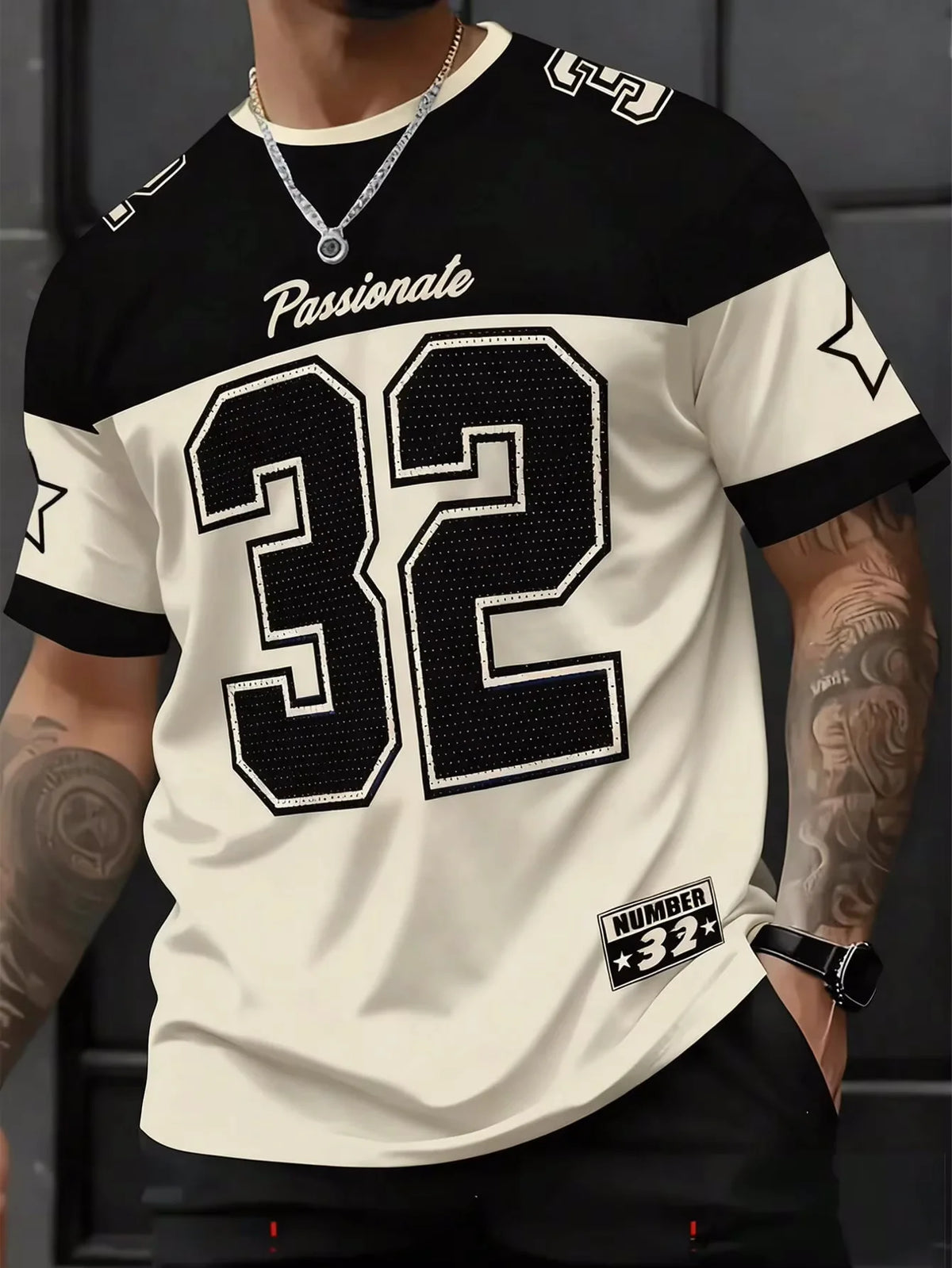Mens Number 32 Print TShirt American Vintage Style Streetwear Color Block Design Trendy Casual Tee Soft Comfortable Men Clothing