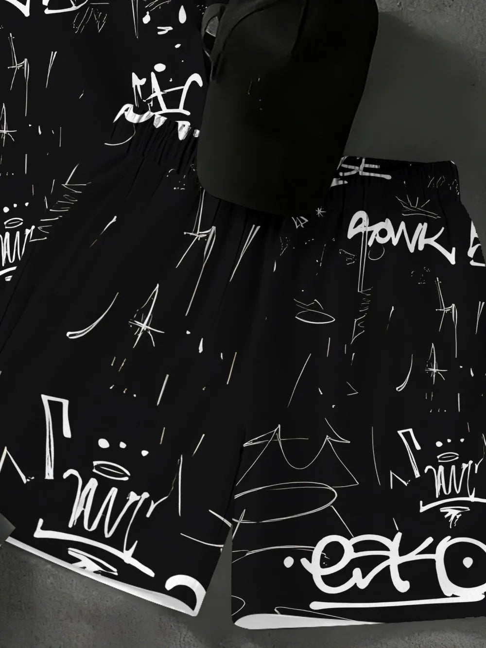 New men's summer personalized graffiti print soft and breathable round neck T-shirt drawstring shorts set outdoor streetwear