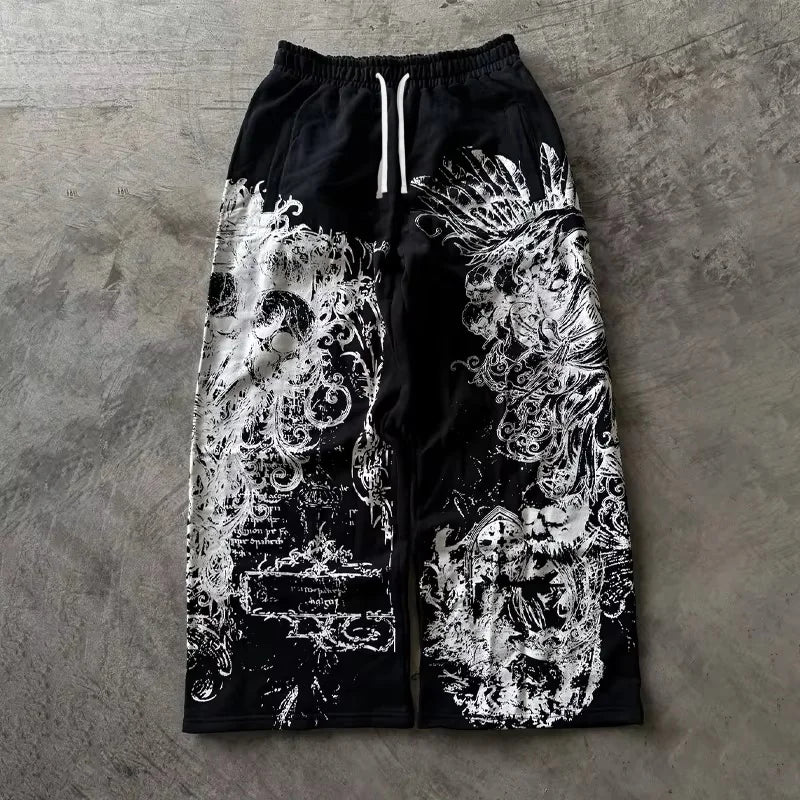 Summer Hot Gothic Skull Vintage Graffiti Full Print Wide Leg Pants Unisex Drawstring Y2K Hip Hop Streetwear Casual Trousers