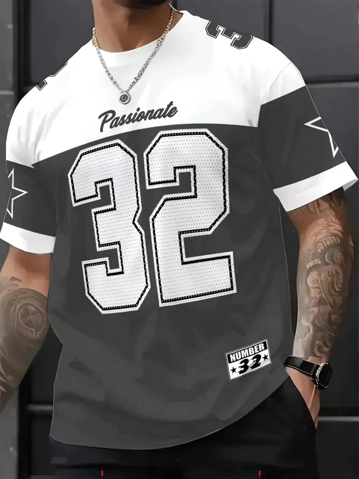 Mens Number 32 Print TShirt American Vintage Style Streetwear Color Block Design Trendy Casual Tee Soft Comfortable Men Clothing