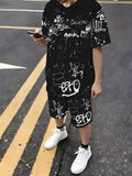 New men's summer personalized graffiti print soft and breathable round neck T-shirt drawstring shorts set outdoor streetwear