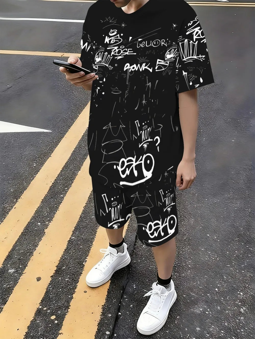 New men's summer personalized graffiti print soft and breathable round neck T-shirt drawstring shorts set outdoor streetwear